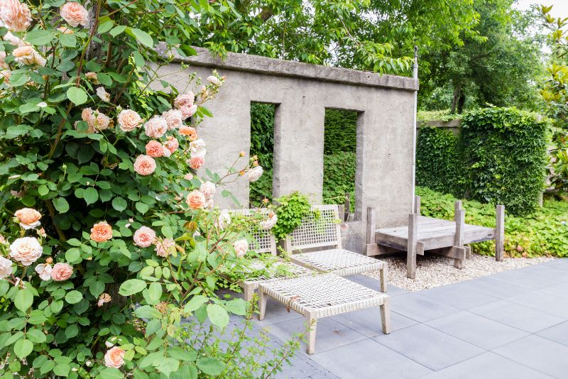 beautiful patio with concrete wall and concrete slabs on the floor