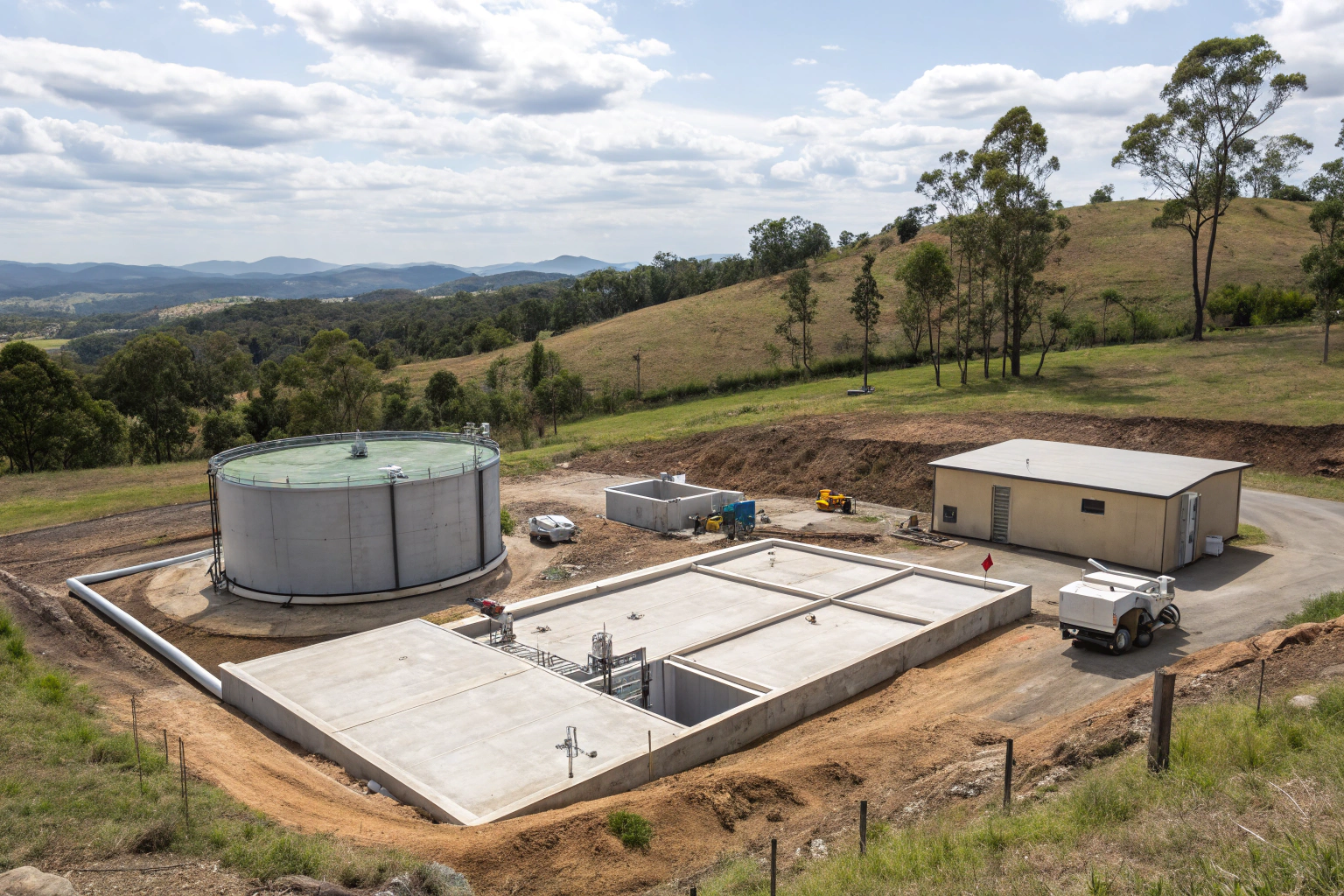 Concrete rural infrastructure pad for water tank and pump equipment