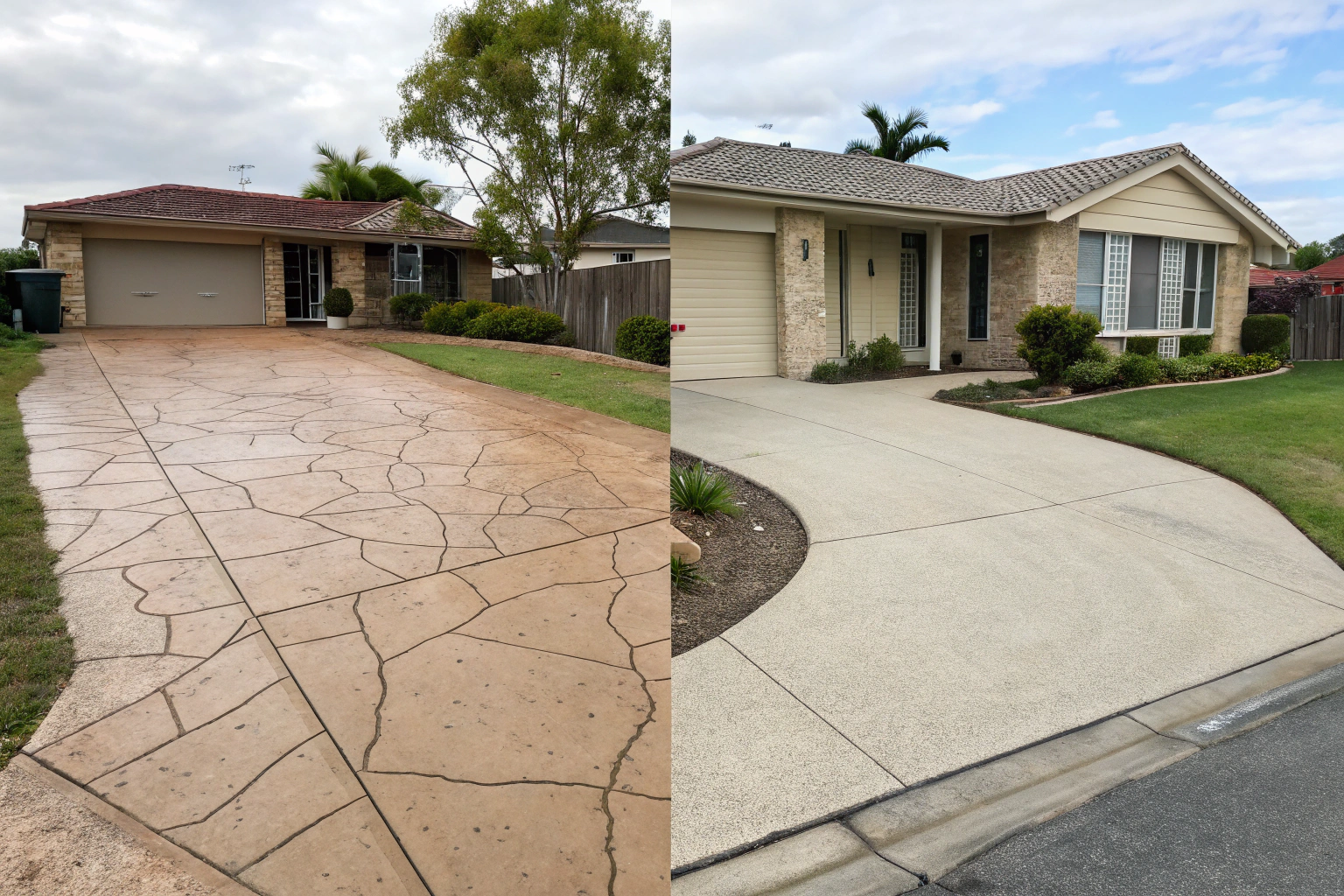 Before and after transformation of an old, cracked concrete surface