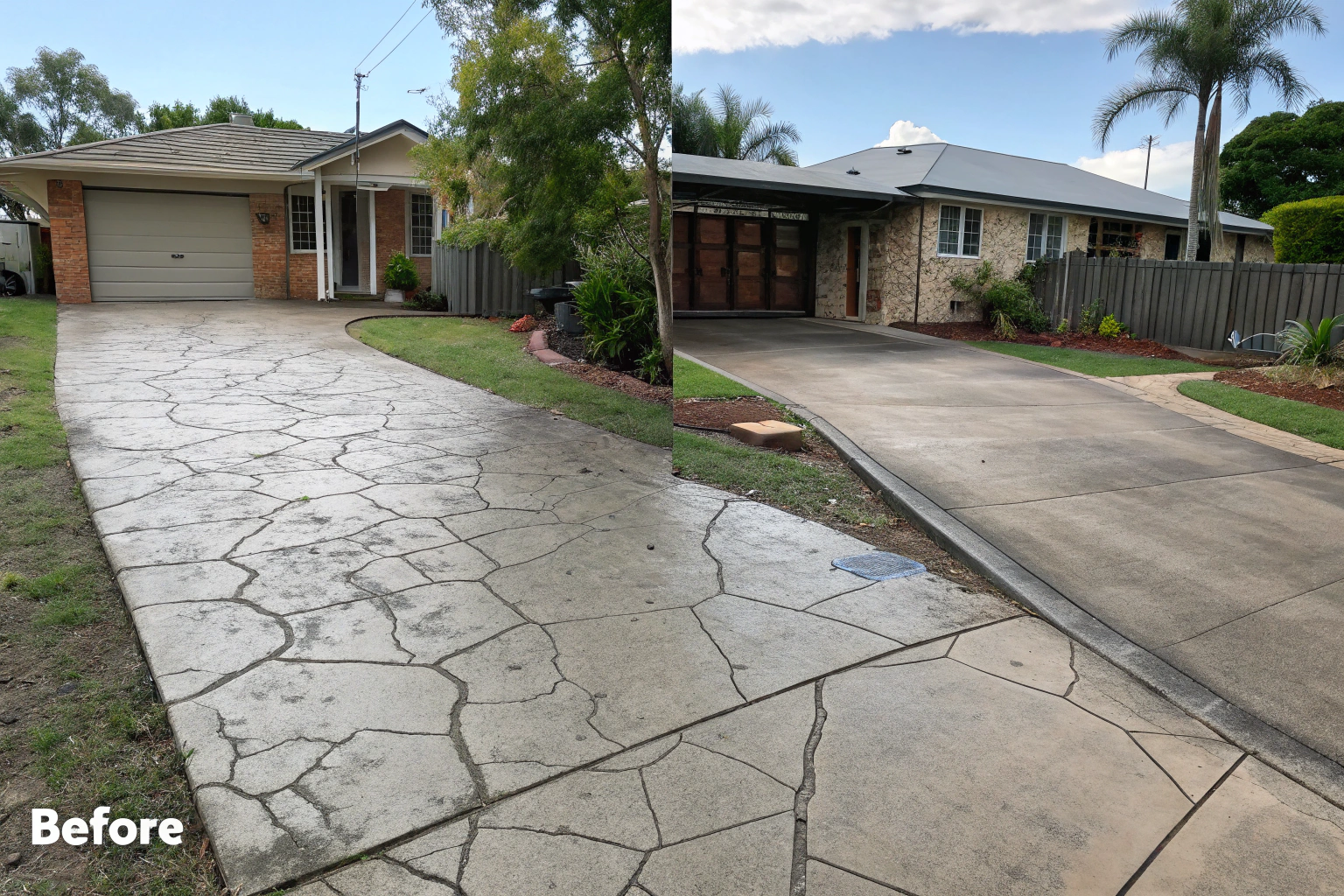 Before and after comparison of a residential driveway overlay
