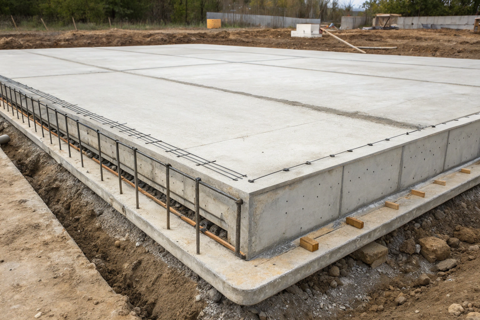 Close-up view of professional concrete shed slab with drainage