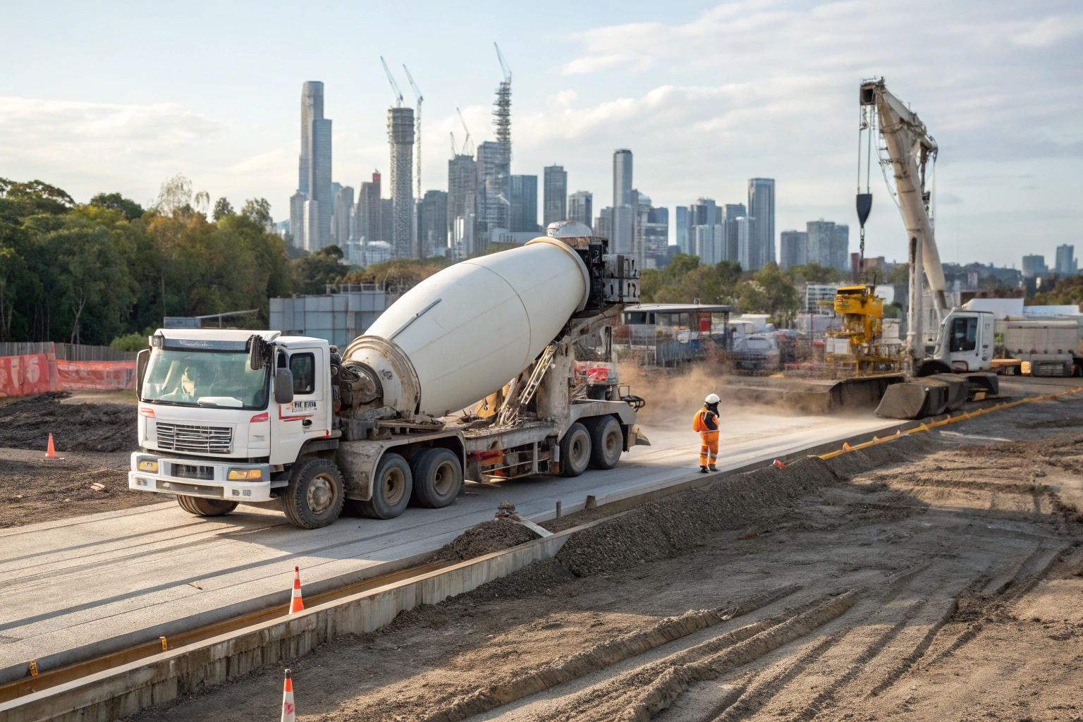 Commercial concrete being poured from a delivery truck