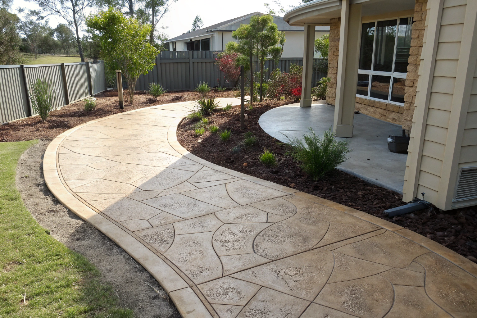 Curved concrete pathway connecting to a modern home's entrance