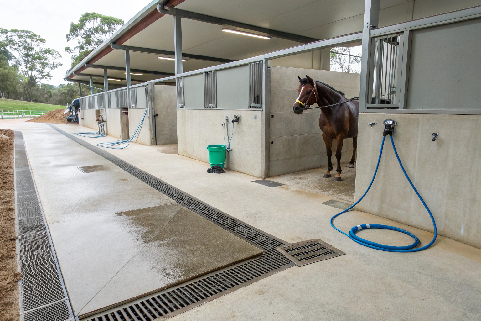 Horse wash bay area with slip-resistant concrete flooring