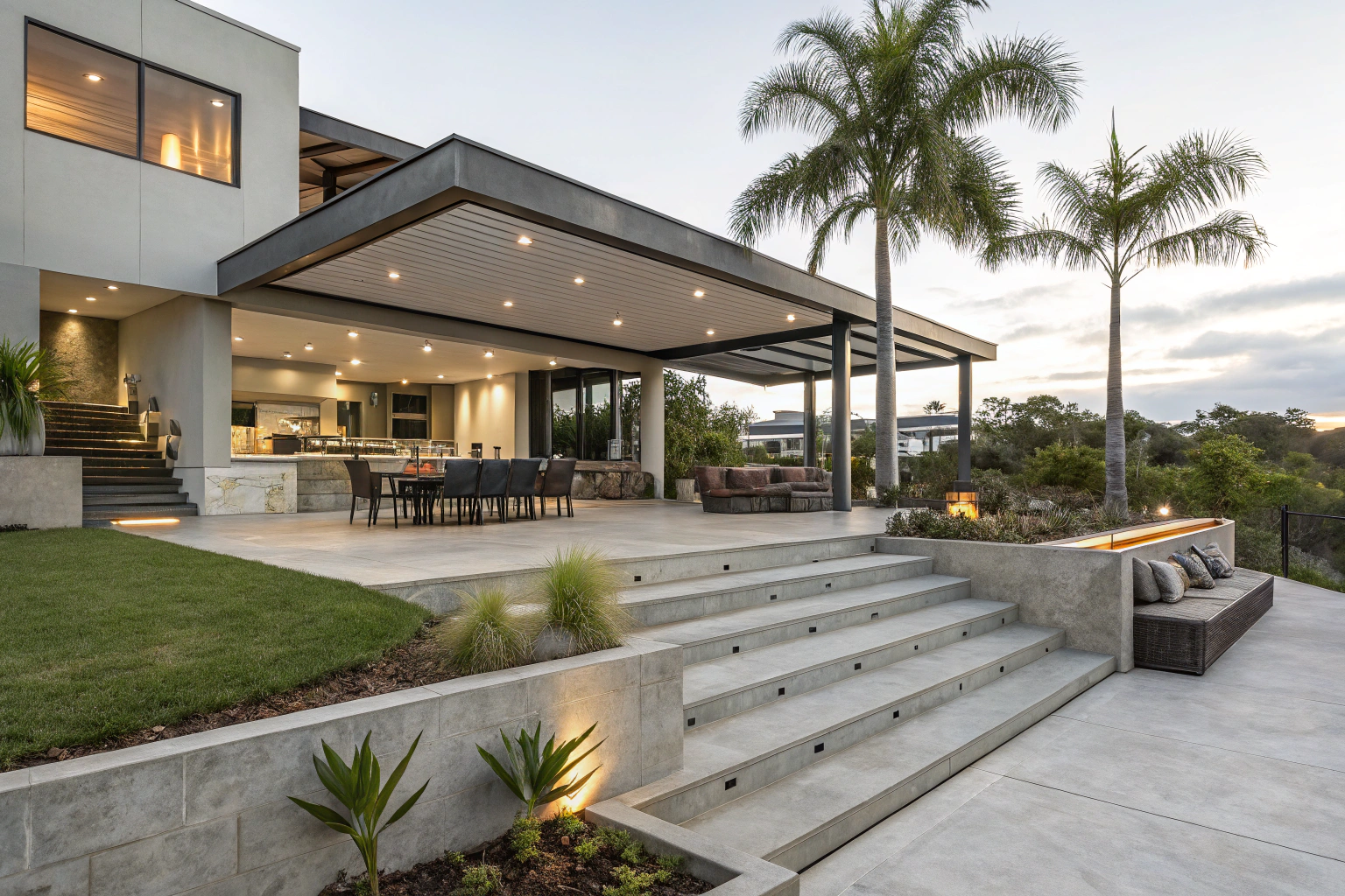 Large modern concrete entertainment area behind a home