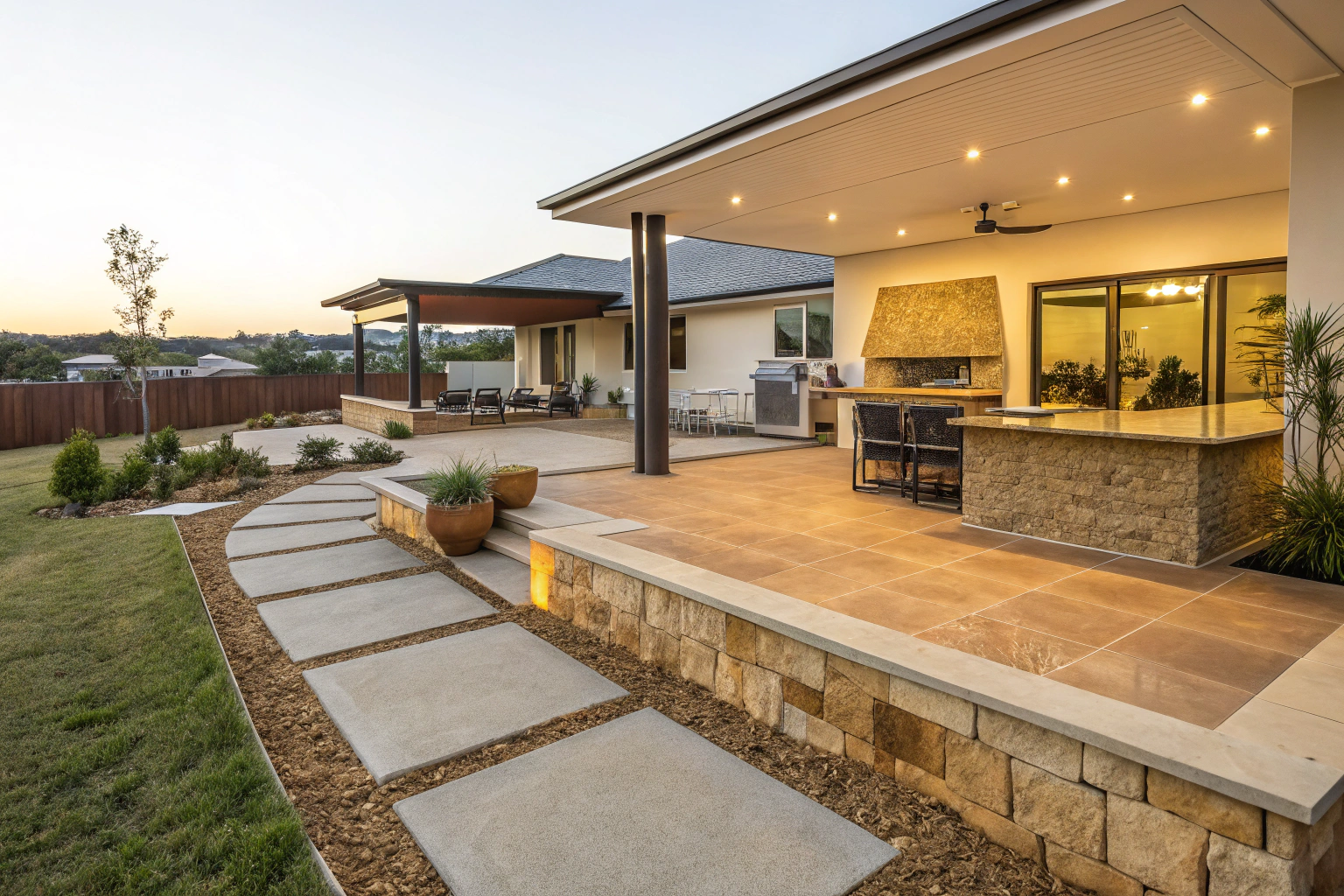 Large outdoor entertainment patio area behind a home