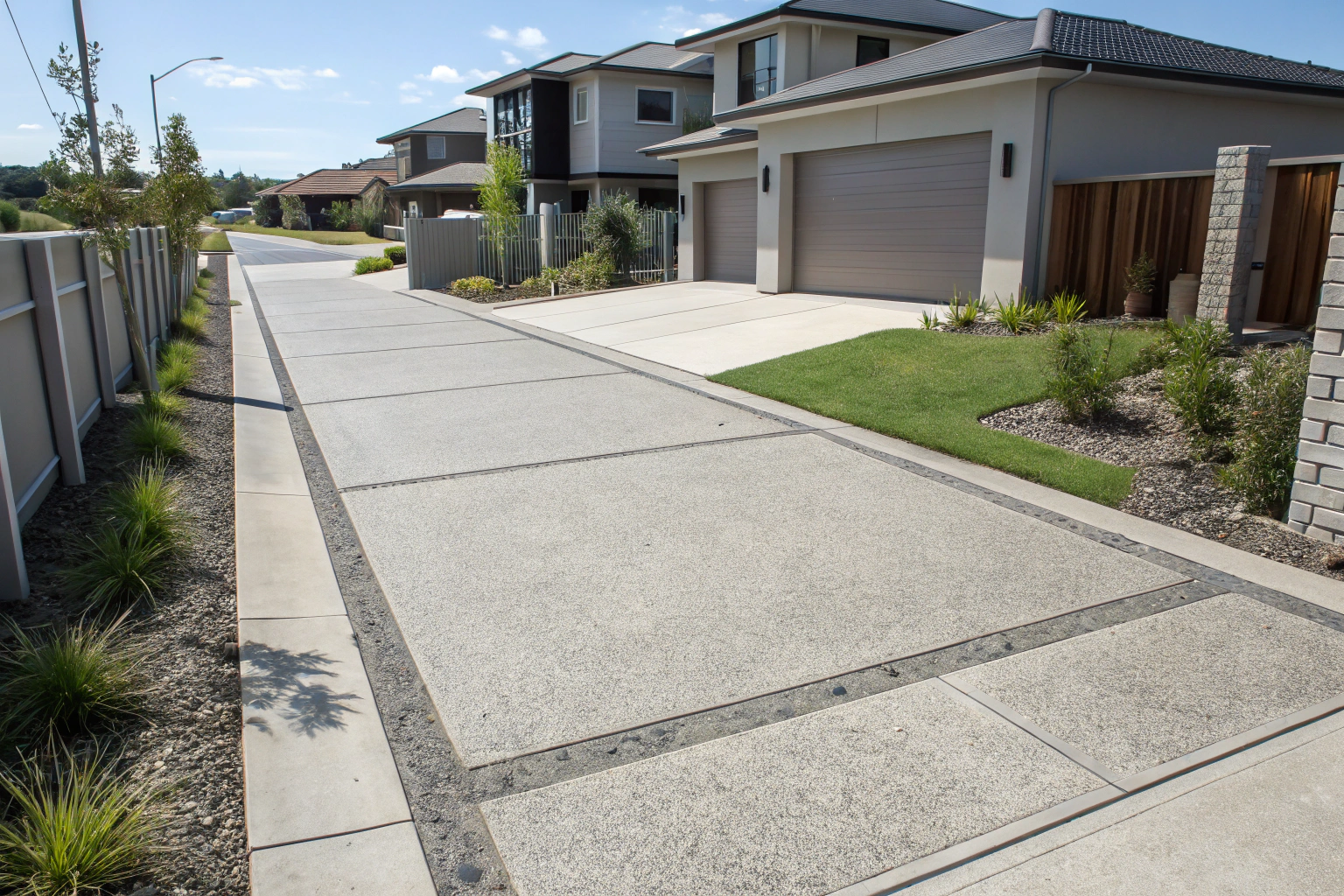 Modern concrete driveway at a new two-storey home