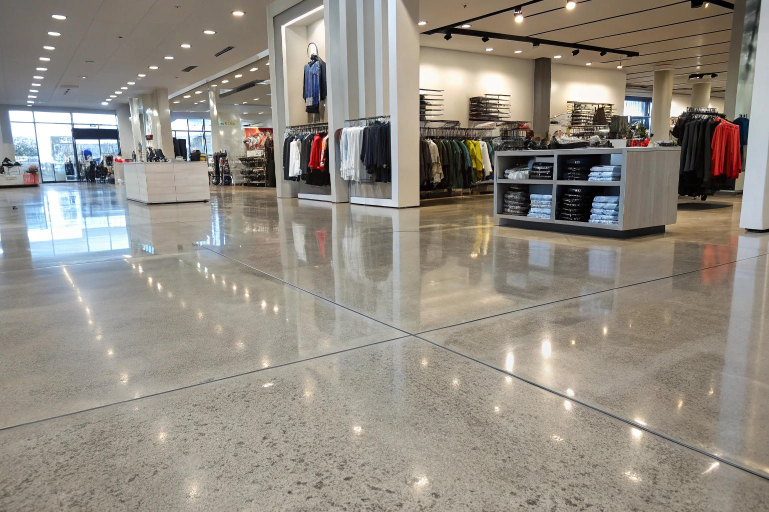 Modern retail store interior featuring polished concrete