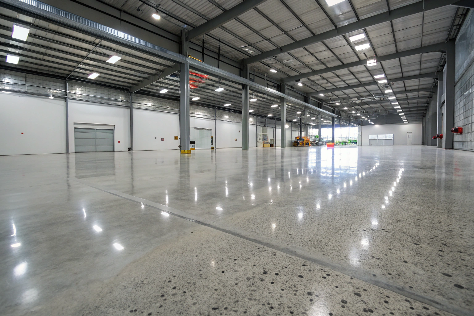 Warehouse interior with polished concrete floors
