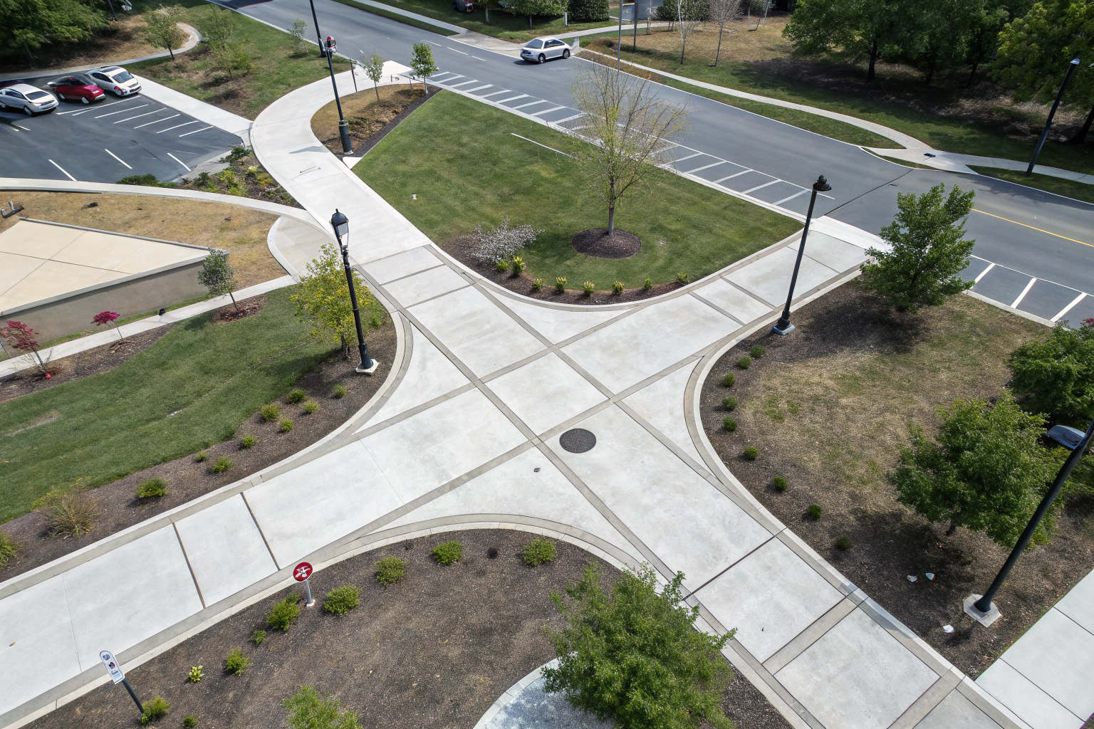 Overhead view of an accessible concrete pathway