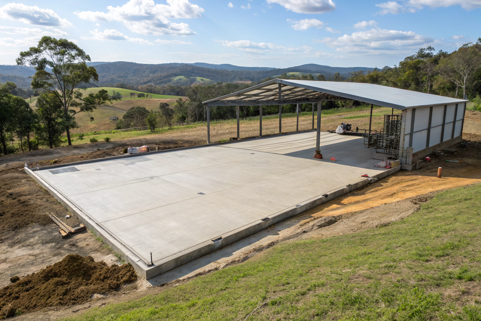 Professional concrete shed slab installation on rural Ipswich property