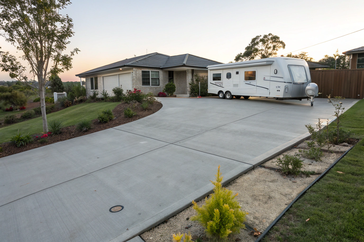 Wide concrete driveway extension beside a modern Australian home
