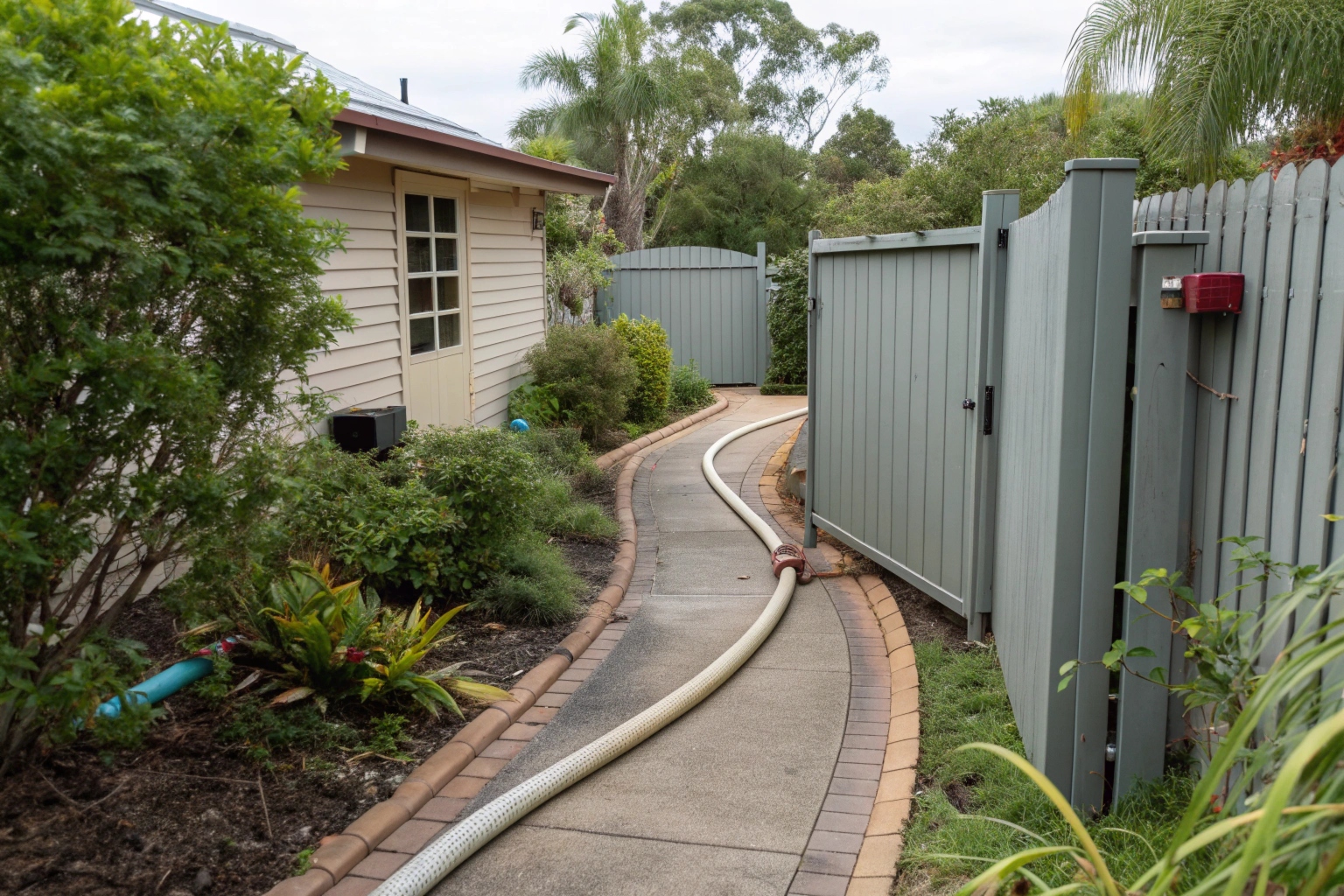 Concrete pump hose threading through narrow side gate in Ipswich home