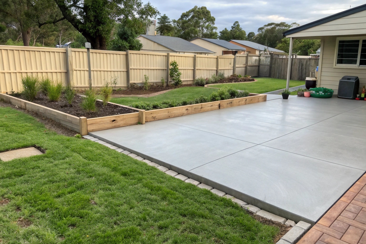 Completed concrete patio for backyard entertaining area in Ipswich