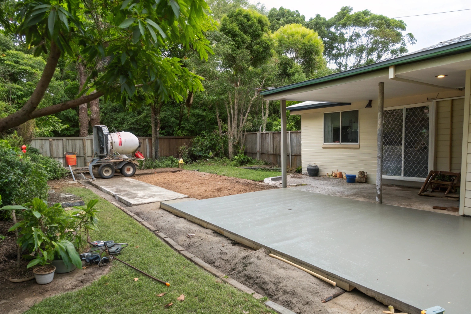Fresh concrete patio being poured in Ipswich backyard using line pump service
