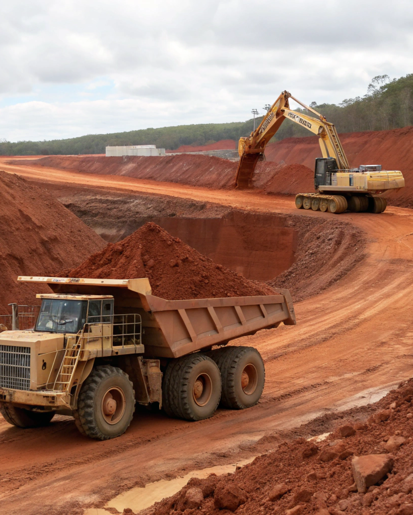 Articulated dump truck loaded with clay soil driving on site