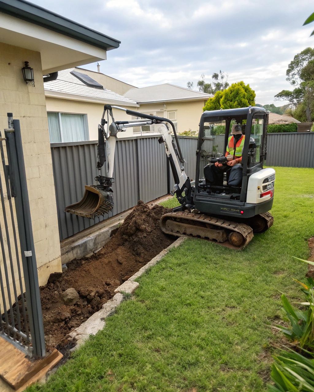 Compact mini excavator in an Australian residential backyard