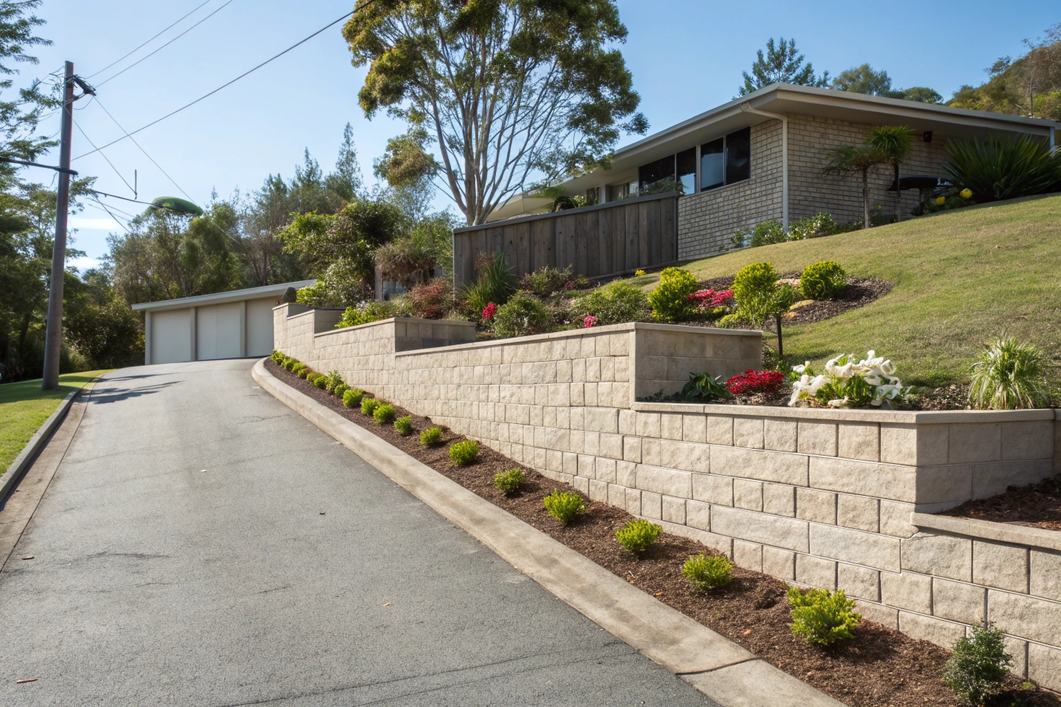 Besser block retaining wall alongside driveway in Ipswich residential property