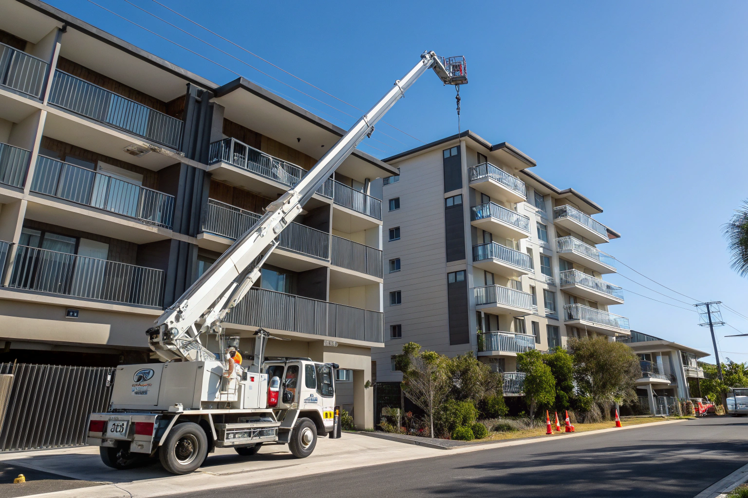 Concrete boom pump truck extended vertically reaching an apartment building