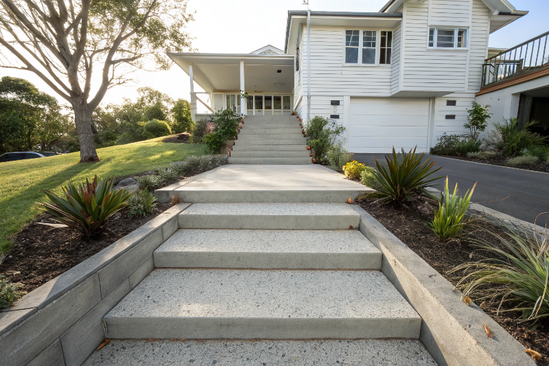 Exposed aggregate concrete front entry steps leading to Queenslander home in Ipswich