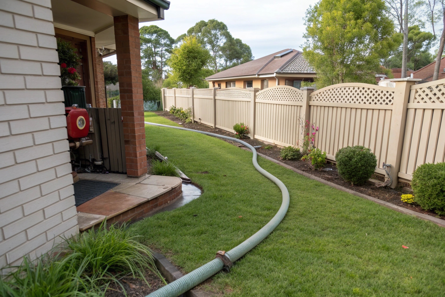 Line pump hose accessing backyard through narrow side gate for Ipswich home concrete pour