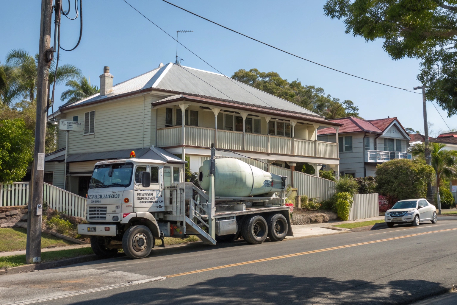 Concrete pump truck on residential Ipswich street ready for home concrete pumping service