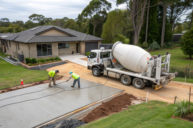 Concrete delivery truck pouring ready-mix concrete at residential site in Ipswich Queensland