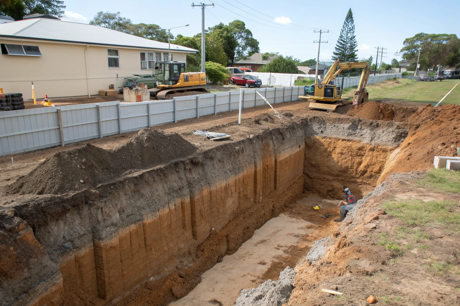 Deep foundation excavation showing reactive clay soil conditions