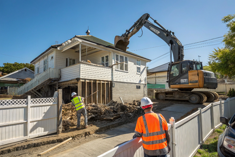 Professional demolition contractor Ipswich team safely demolishing residential property with excavator and safety equipment