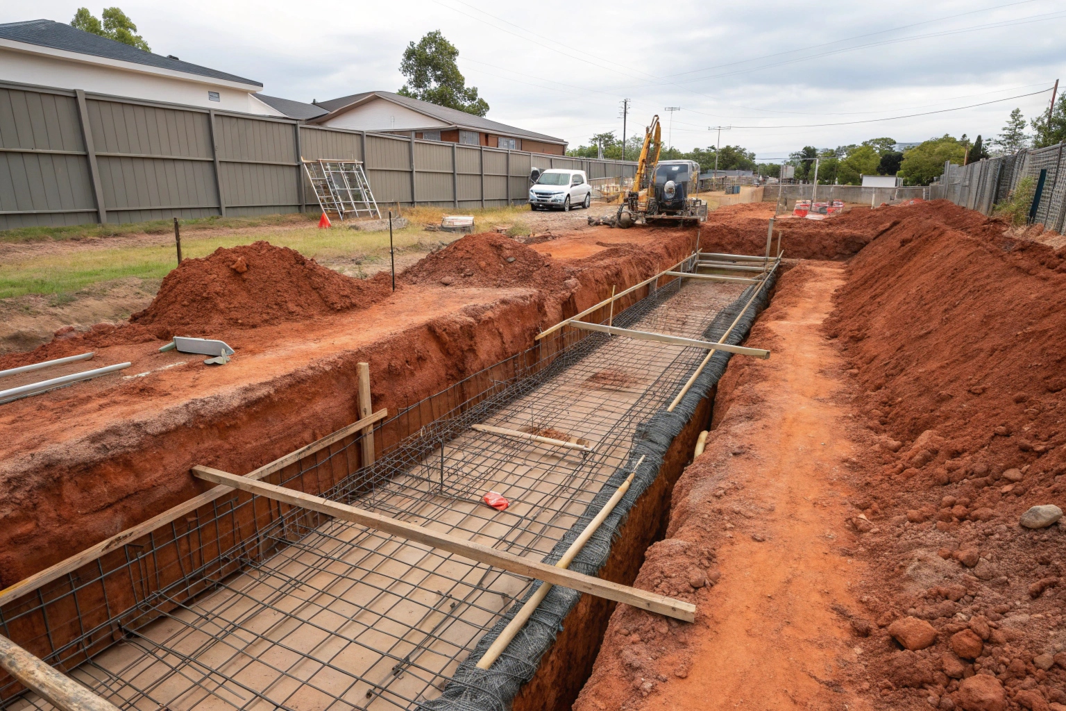 Steel reinforcement and excavated footings prepared for concrete foundation in Ipswich