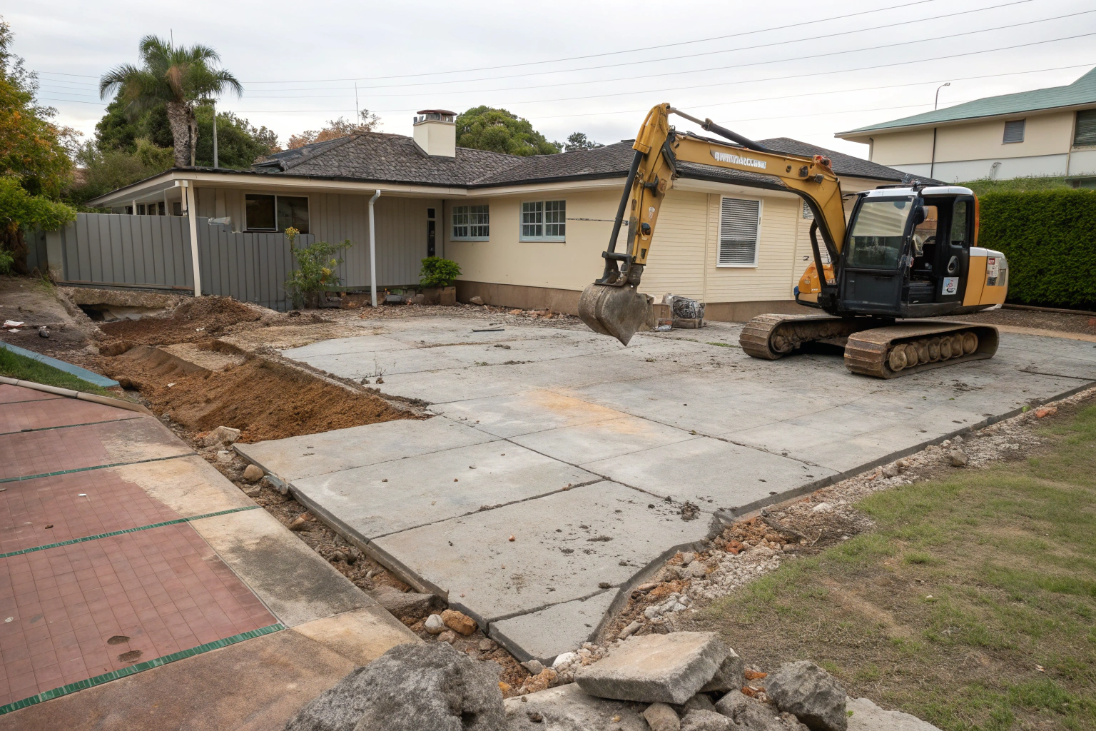 Excavator removing an old, deteriorated concrete patio