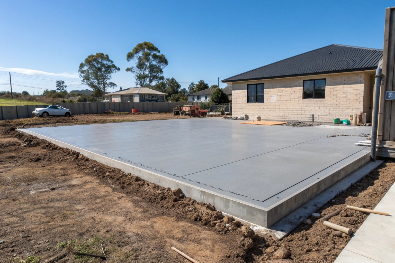 Freshly poured house slab foundation on Ipswich residential building site