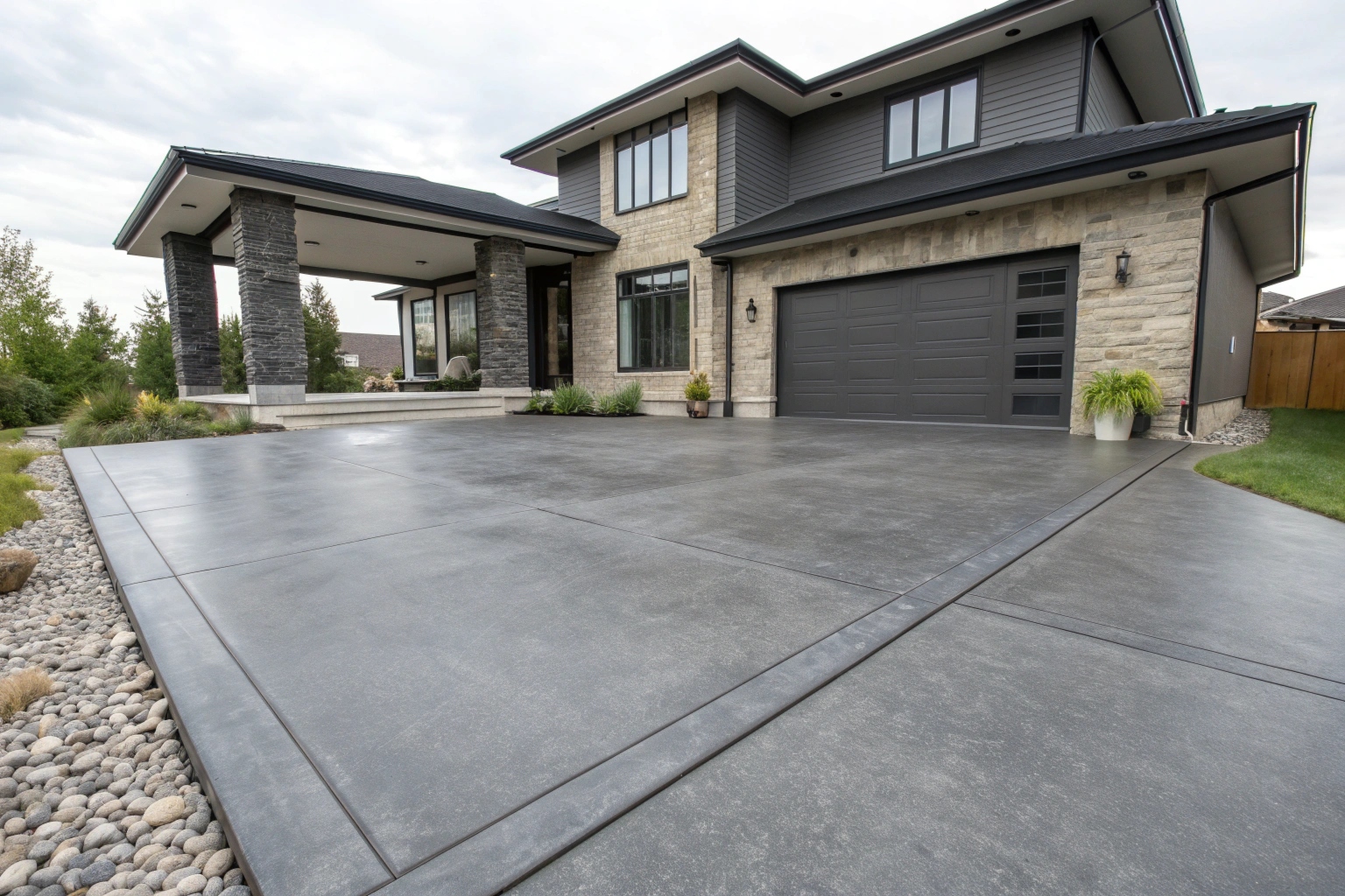 Custom charcoal grey coloured concrete finish driveway matching home exterior Ipswich