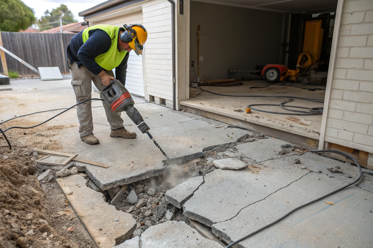 Jackhammer breaking through a settled garage concrete slab