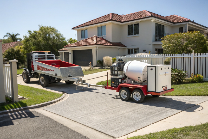 Light-duty concrete pump rental Ipswich - compact trailer-mounted pump delivering concrete to residential driveway