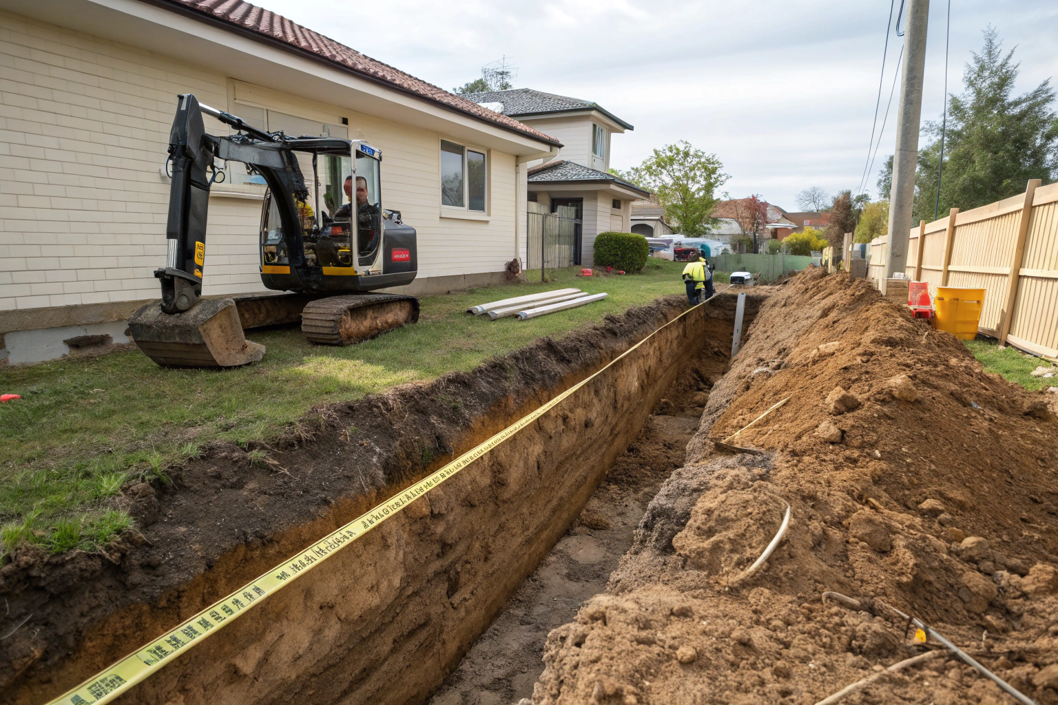 Mini excavator creating a precise, straight trench