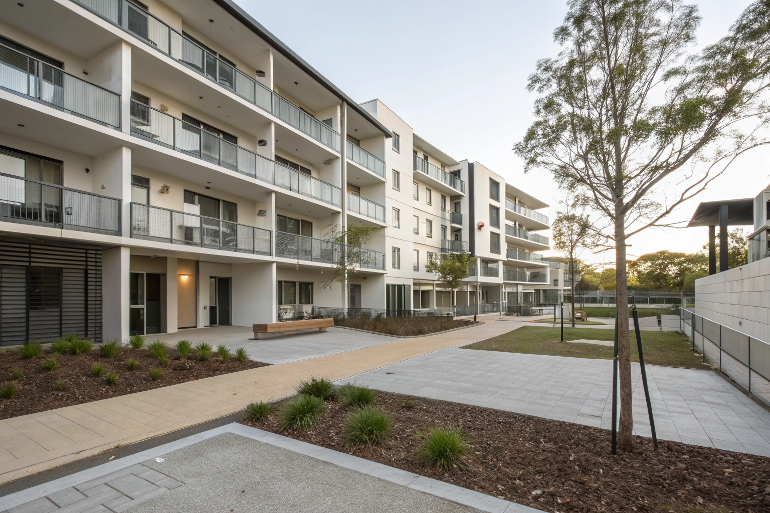 Modern apartment complex exterior showing multiple stories