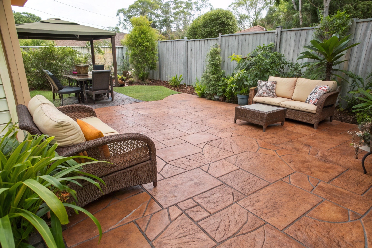 Decorative stamped concrete patio with slate pattern for outdoor entertaining