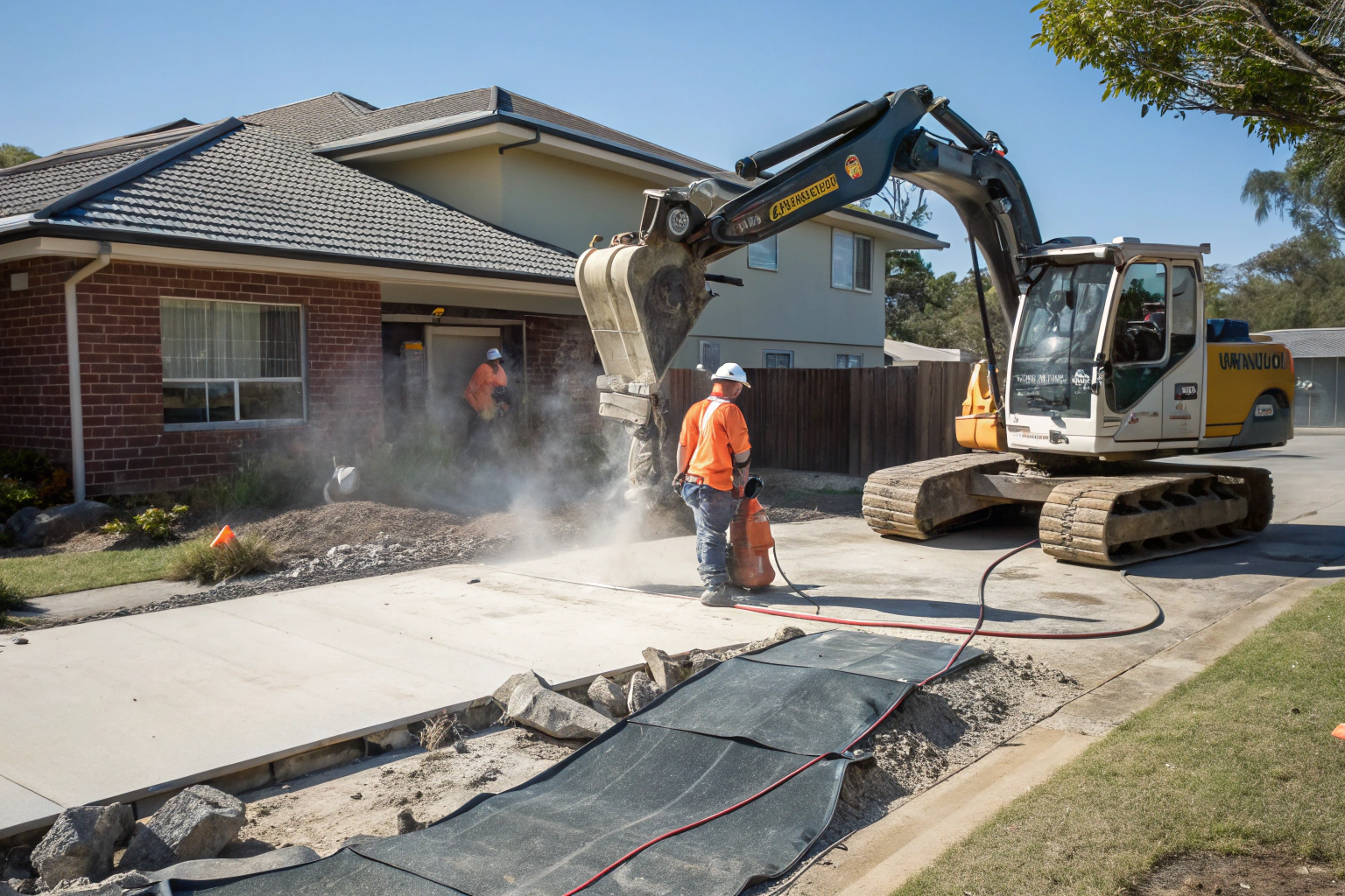 Concrete demolition site with excavator equipment in use