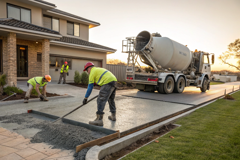 Professional contractors pouring and finishing concrete driveway in Ipswich suburb