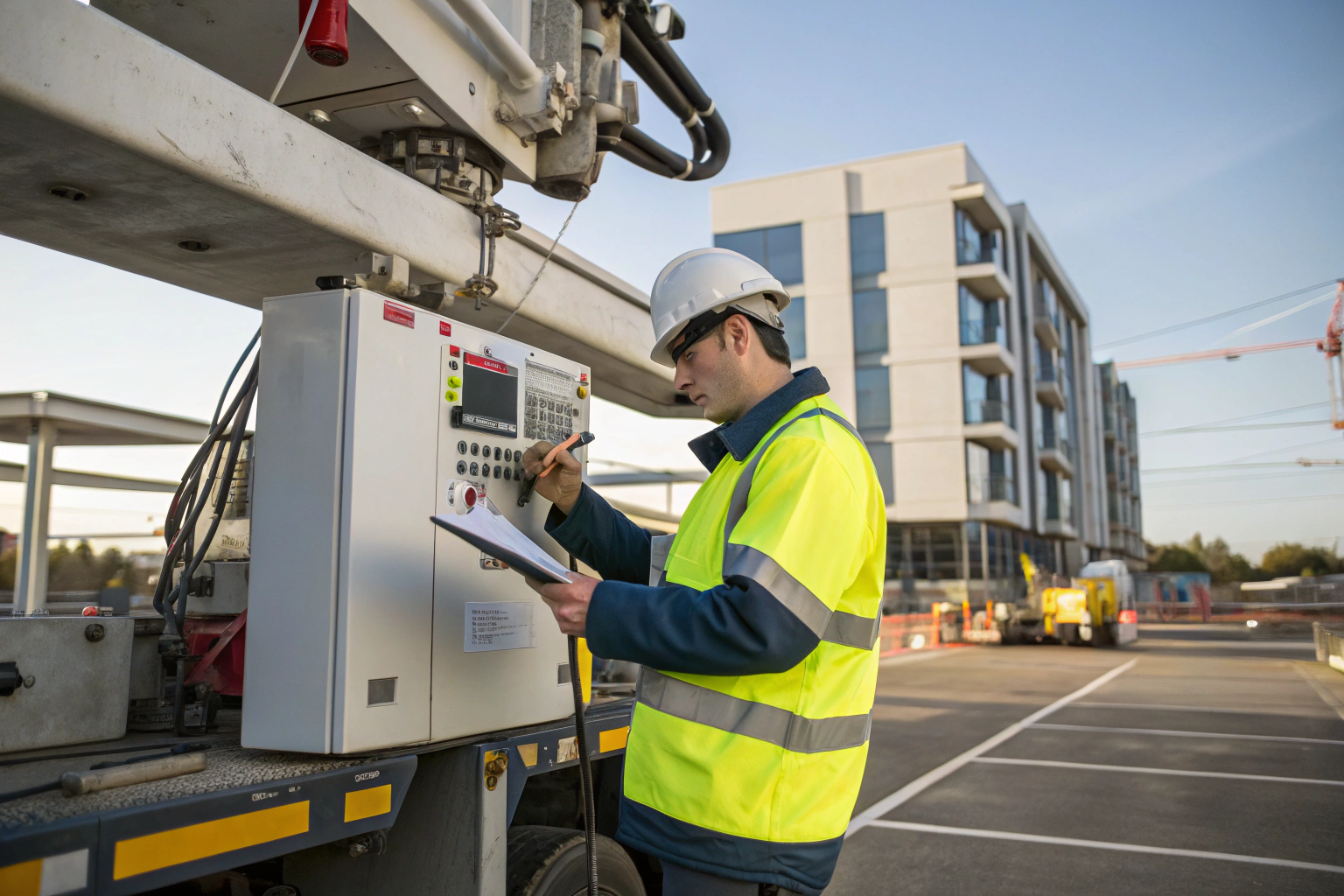 Qualified concrete pump operator in high visibility workwear