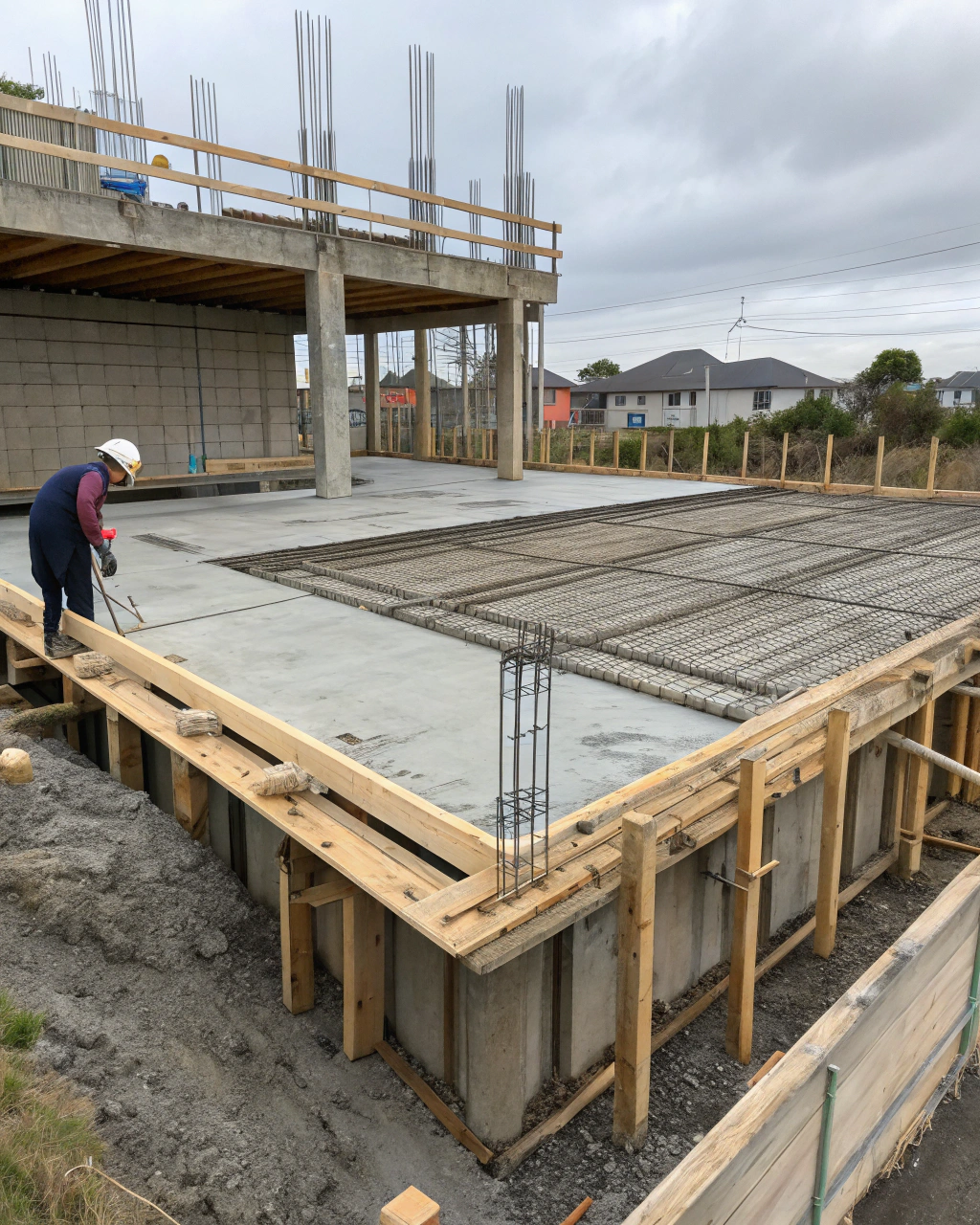 Second storey concrete slab with steel reinforcement mesh ready for pumping