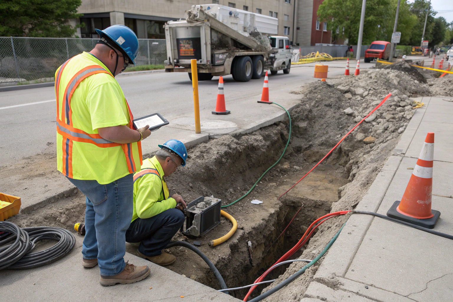 Workers inspecting underground utility cables in a roadside trench