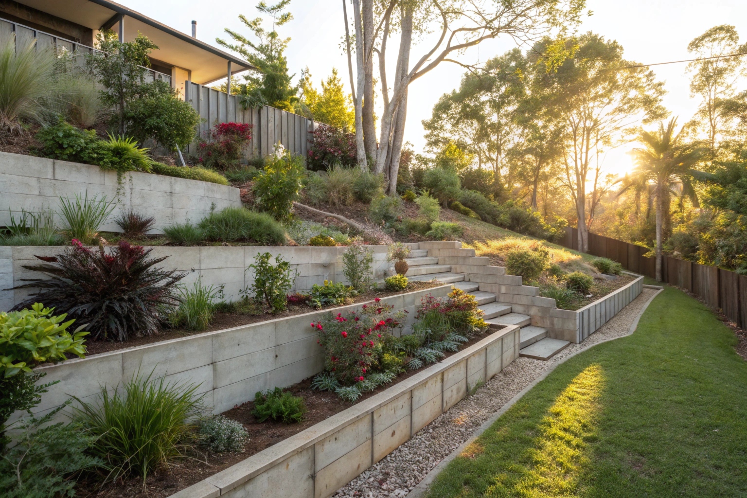 Tiered retaining walls managing slope on Ipswich property with garden terracing