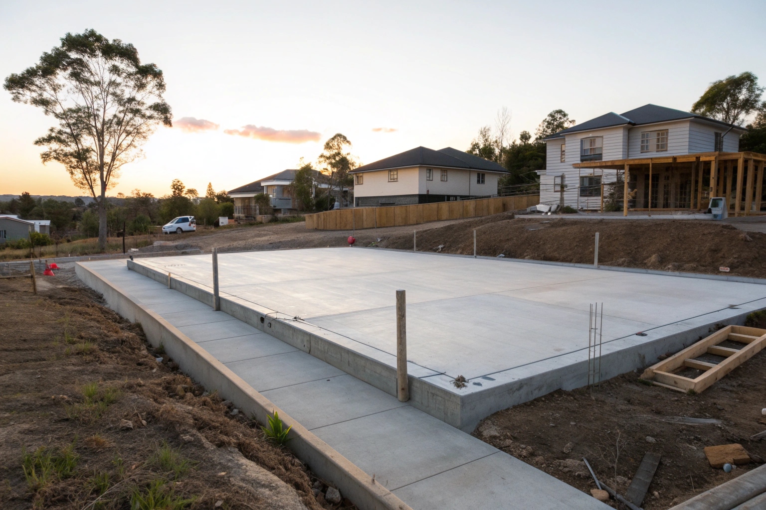 Finished concrete slab foundation ready for construction in Ipswich suburb