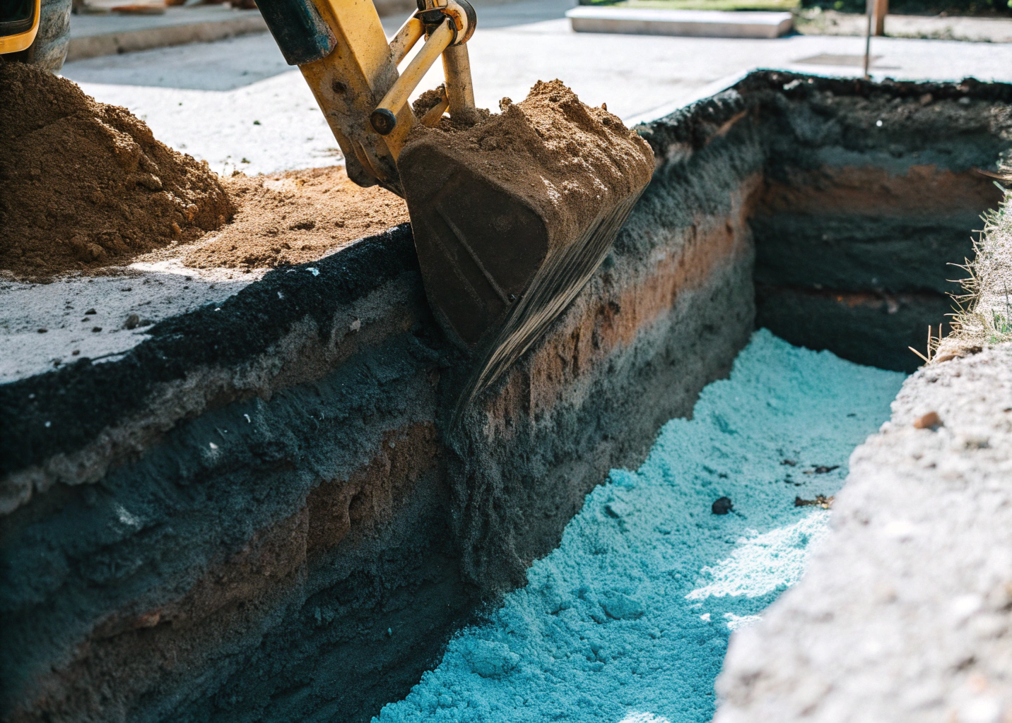 Excavation site showing reactive clay soil layers in Ipswich