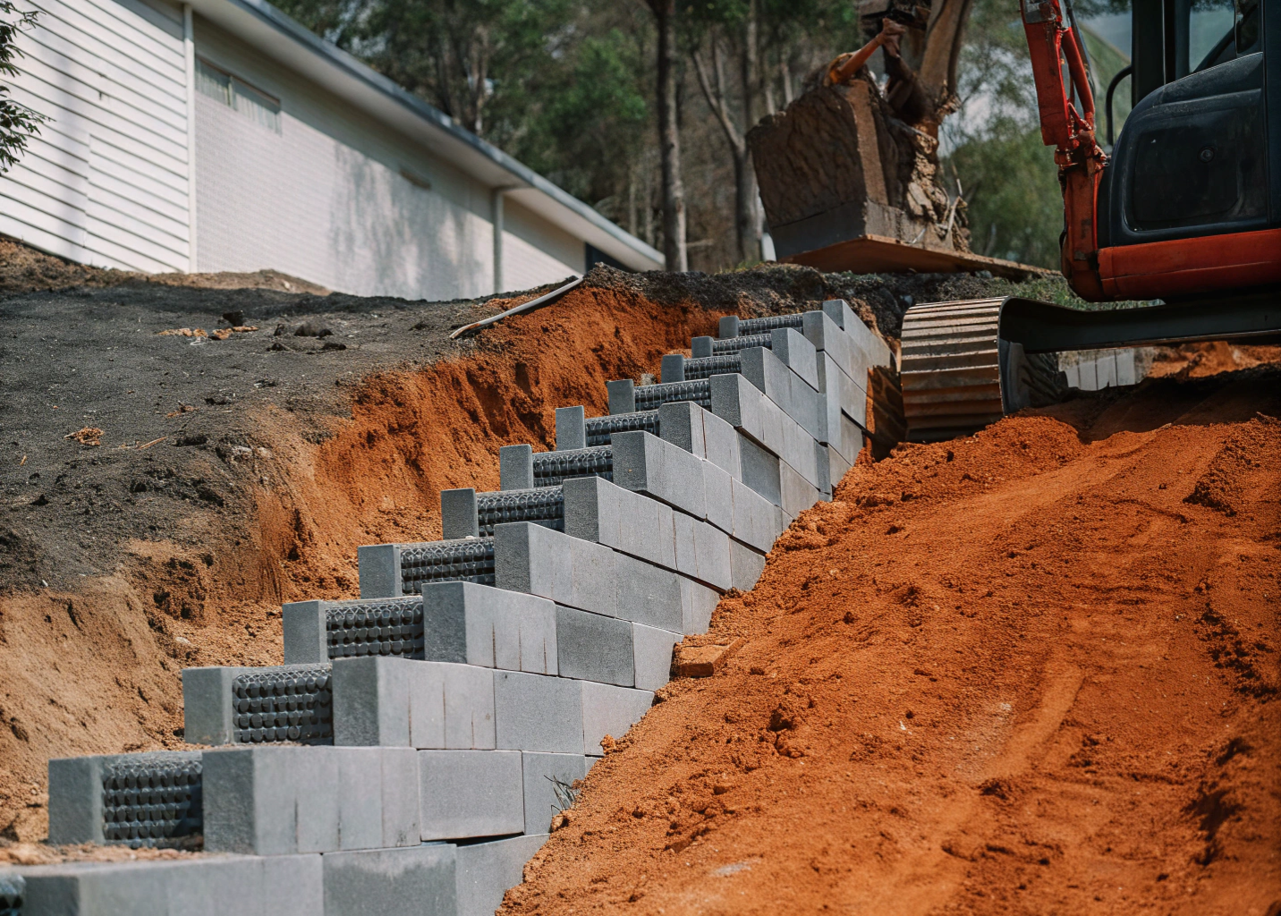 Excavator working on a sloped residential block in Ipswich