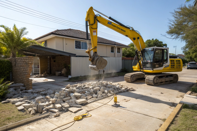 Hydraulic excavator breaking concrete driveway in Ipswich Queensland