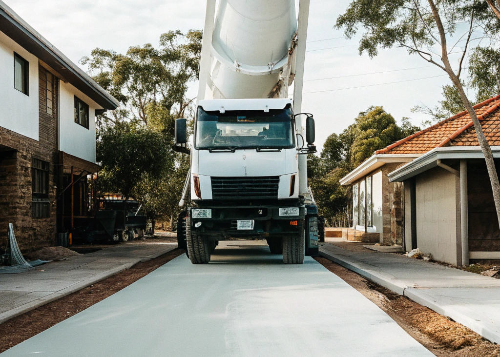 Modern concrete agitator truck positioned on a residential Ipswich site