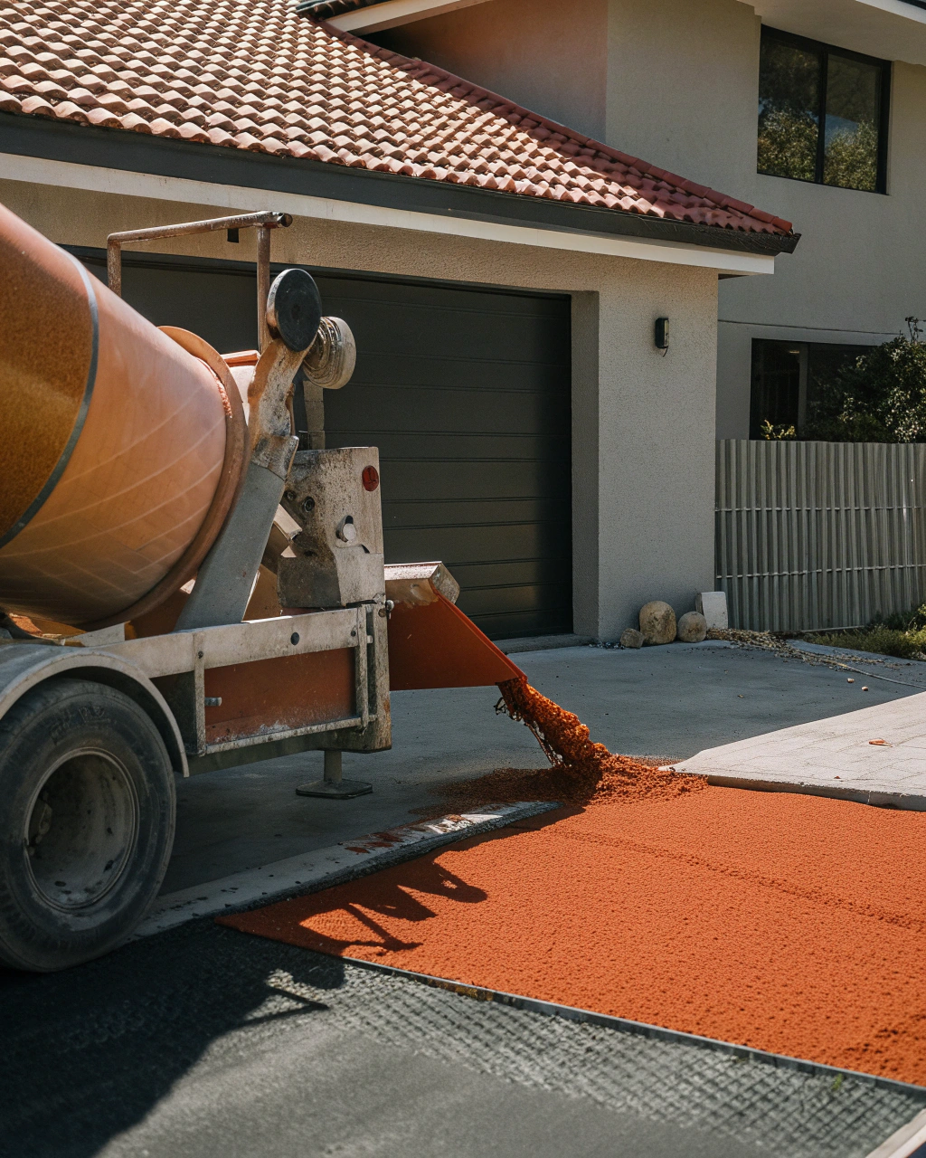 Ready mix concrete truck delivering coloured concrete